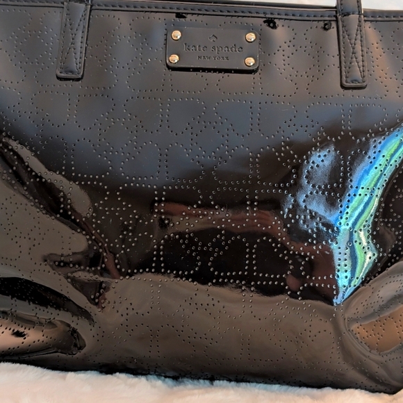 Kate Spade Black Patent Leather Tote Bag With Perforated Spades Design - Picture 1 of 9